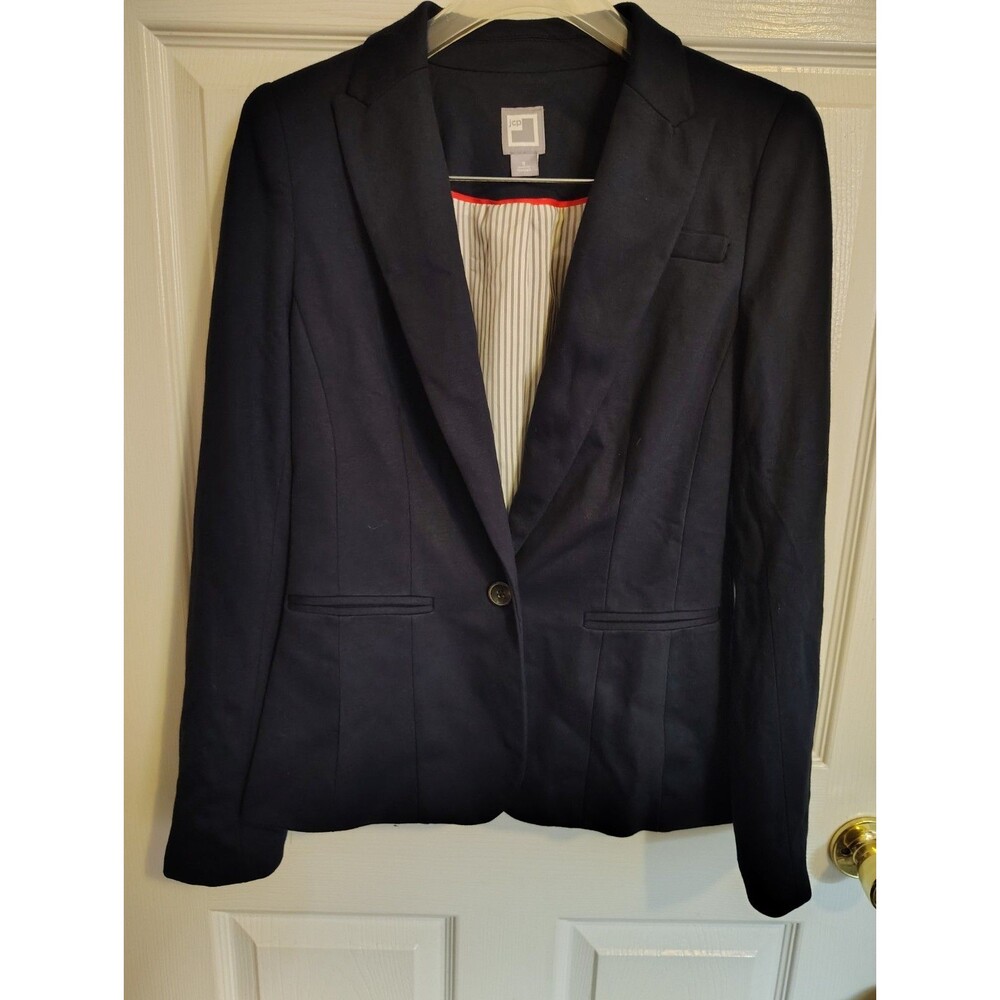 JCP Women's Navy Button Lined Blazer Jacket w/ Pockets Long Sleeve Size S